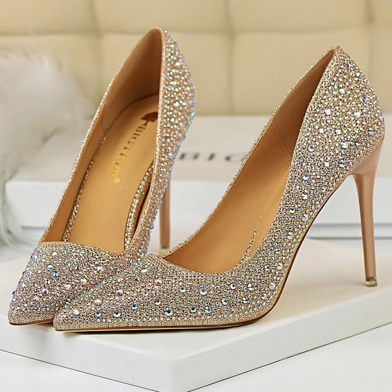Большой размер 43 Женские туфли-лодочки Свадебная обувь Стразы Блеск Невеста Высокие каблуки Шпилька 7 СМ 10 СМ Роскошные туфли-лодочки Вечерняя обувь