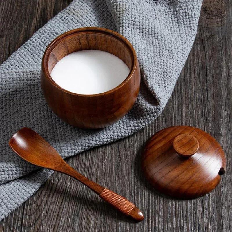 Wooden Salt Cellar Sugar Bowl Pepper Box Salt Seasoning Container Storage Box with Lid and Spoon Wooden Spice Box Spice Jars