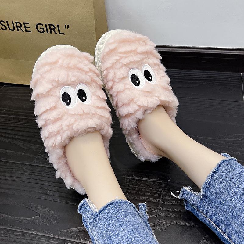 Модные хлопковые тапочки для женщин Новые 2024 Осень Зима Домашние Нескользящие Домашние Теплые Домашние Слайды Женские Милые Плюшевые Тапочки с Мехом с Большими Глазами