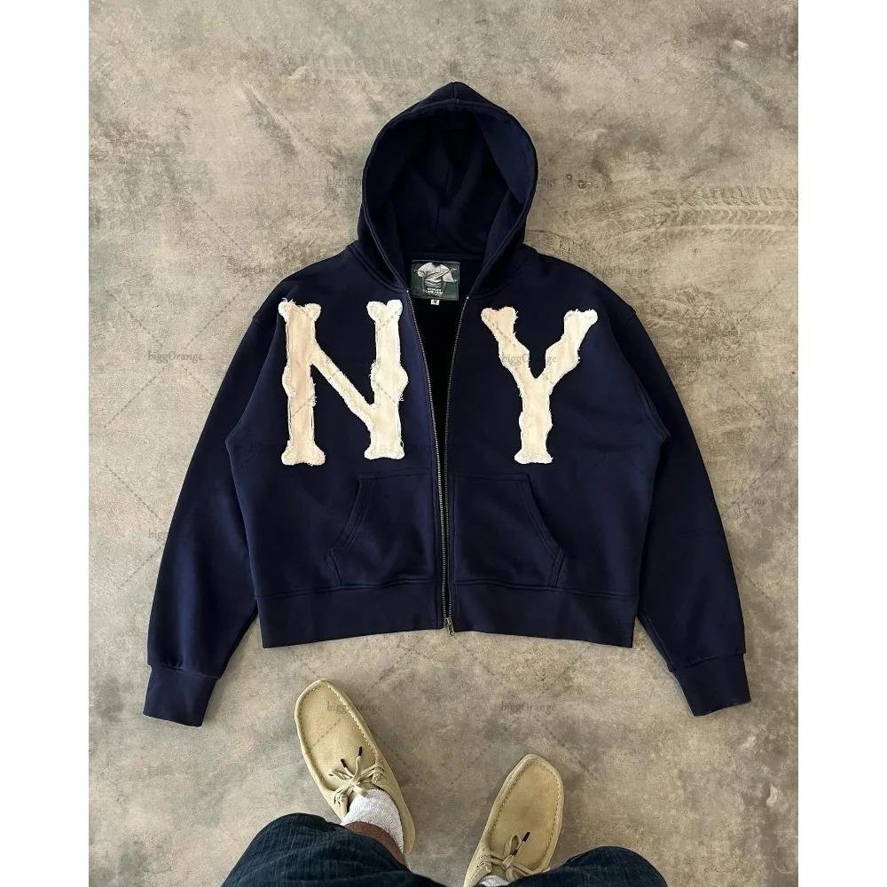 ZYLLO Y2k Harajuku Retro Trendy Brand Letter Embroidery Oversized Swetshirt Women High Street Fashion Loose Zipper Hoodie