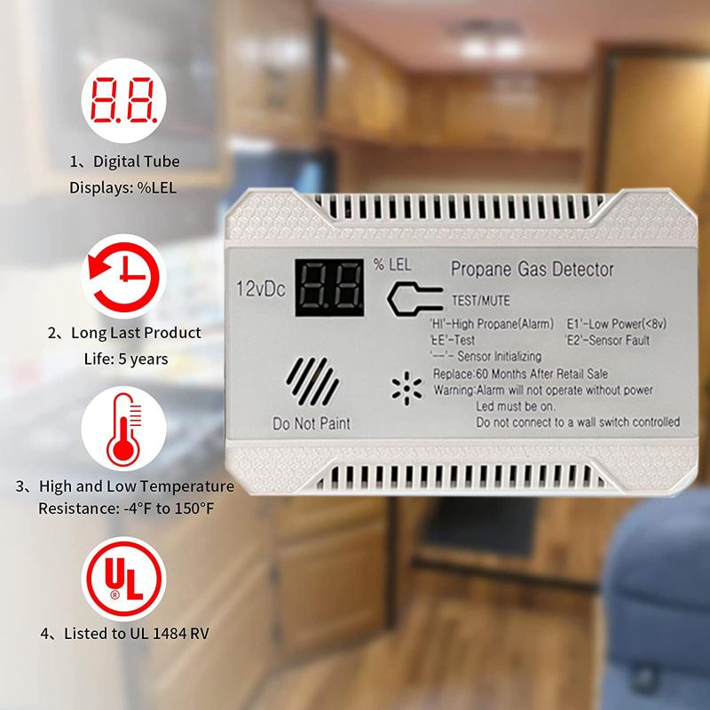 RV Propane Gas Detector 85dB Loud Alarm DC 12V Compact Design RV Propane Alarm for Trailer Camper Motorcoach Digital Display