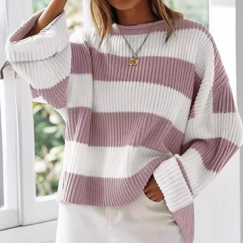 Women's Striped Bell Sleeve Knit Sweater - Round Neck, Long Sleeve, Loose Fit for Autumn/Winter, European American Style