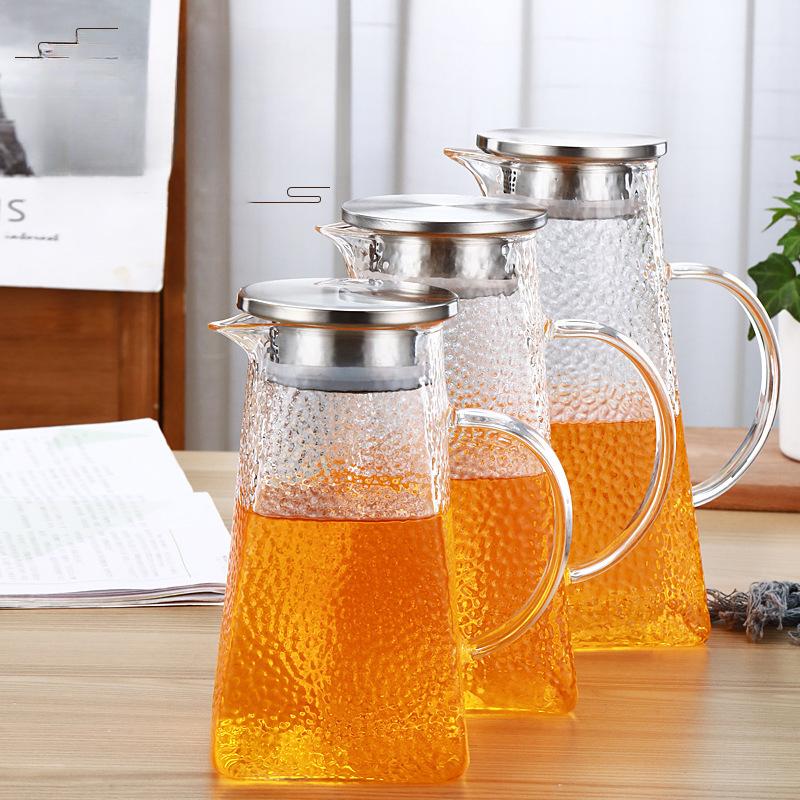 Прозрачный стеклянный чайник для холодной воды с молотковым узором, высокоборосиликатный, большой емкости, со стальной крышкой, для сушки и кипячения воды, квадратный чайник для сока
