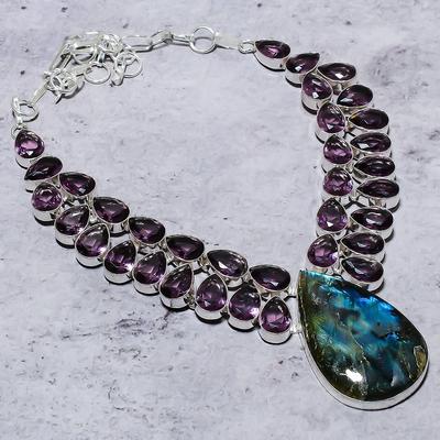 Лабрадорит, Аметист Ручной работы Ожерелье из стерлингового серебра 925 пробы 18" j8I03