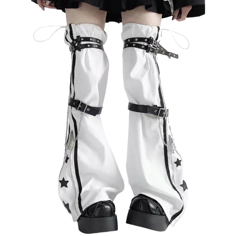 Women Harajuku Star Print Zippered Flared Leg Warmer Aesthetic Fashion Punk PU Harness Strap Leg Cover Thigh High Socks