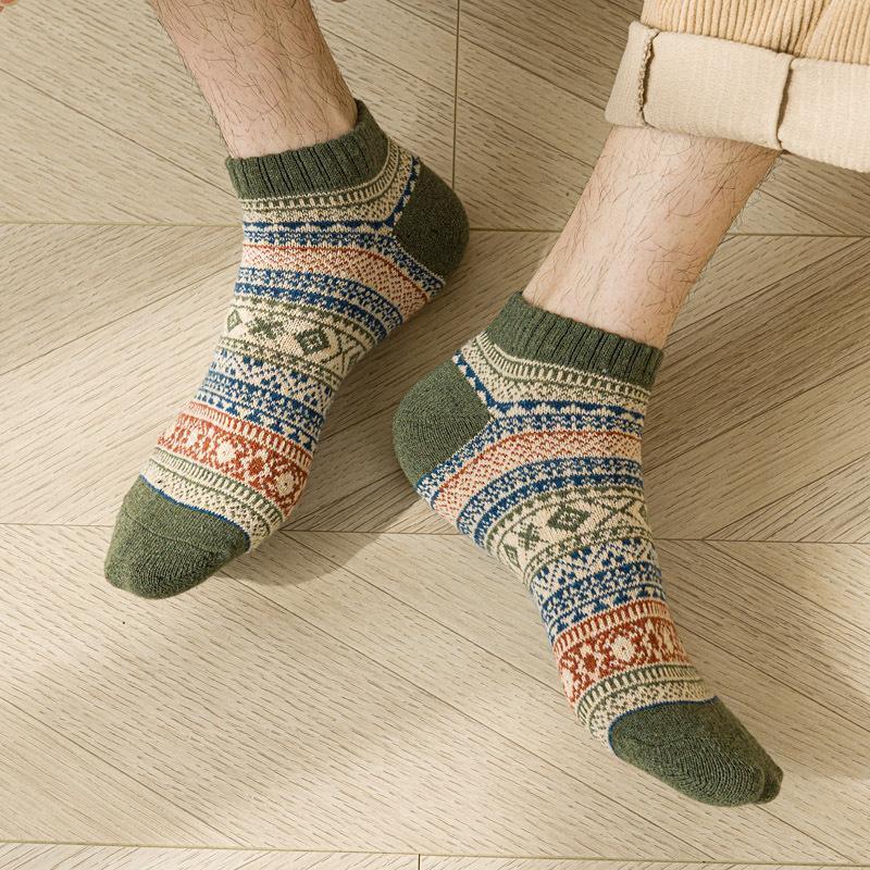 5/10 Pairs Retro Ethnic Style Men's Socks Autumn Winter Thickened Warm Short Length Men's Wool Socks Low Top Boat Socks Comfortable