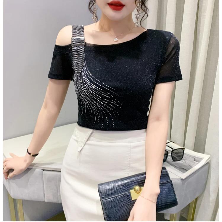 Летняя мода Европейская женская одежда Футболка Сексуальная с открытыми плечами Блестящие бриллианты Сетка Женские топы На все случаи жизни Футболки Блузка