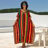 Bohemian Multicolor Striped Printed Women's Loose Kaftan Robe Dress 2024 Summer Holiday Lounge Wear Beach Swimwear Coverup Q1674