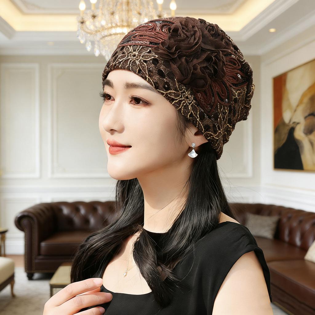 Omen Sequins Lace Turban Cap Flower Muslim Headwear Hat Female Head Wraps Ladies Bonnet Turbante Mejur