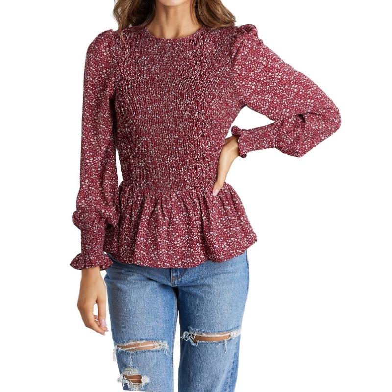 Женские модные повседневные весенне-осенние блузки и рубашки с круглым вырезом и длинными рукавами с цветочным узором и принтом