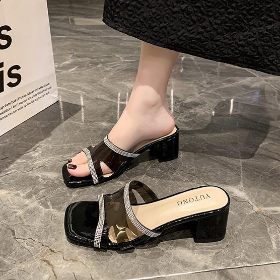 Французские босоножки со стразами и квадратным носком на толстом каблуке для женщин, носящих высококачественную обувь на высоком каблуке