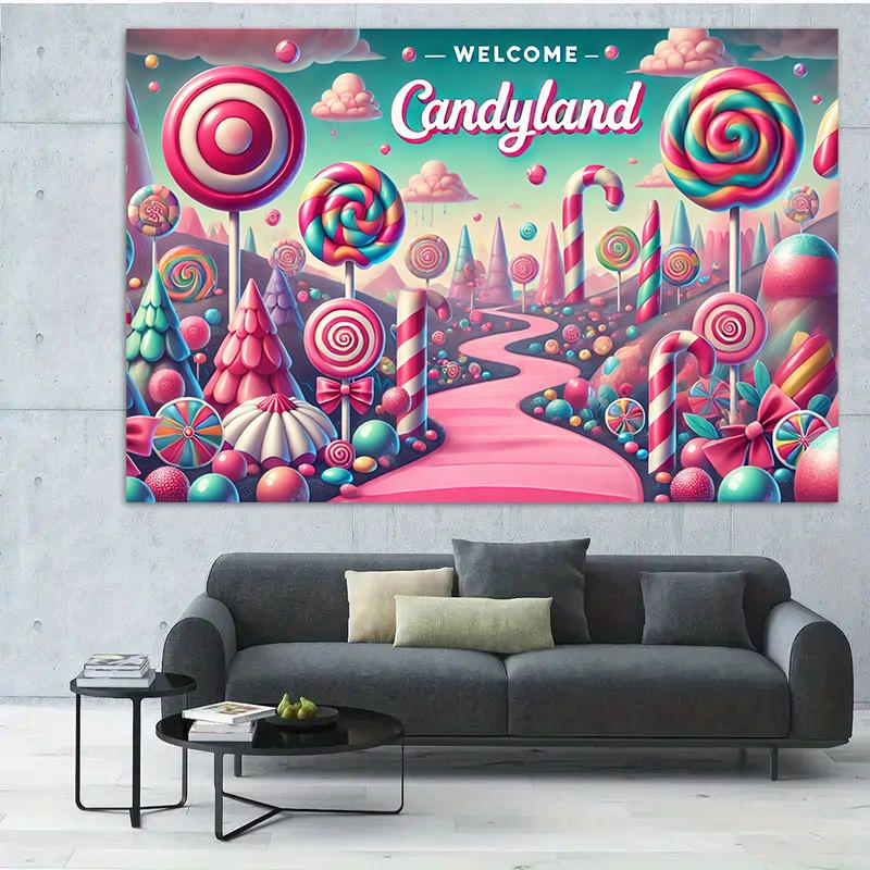 The Candy Land Fantasy World features a vibrant polyester background banner and whimsical candy-themed party decorations