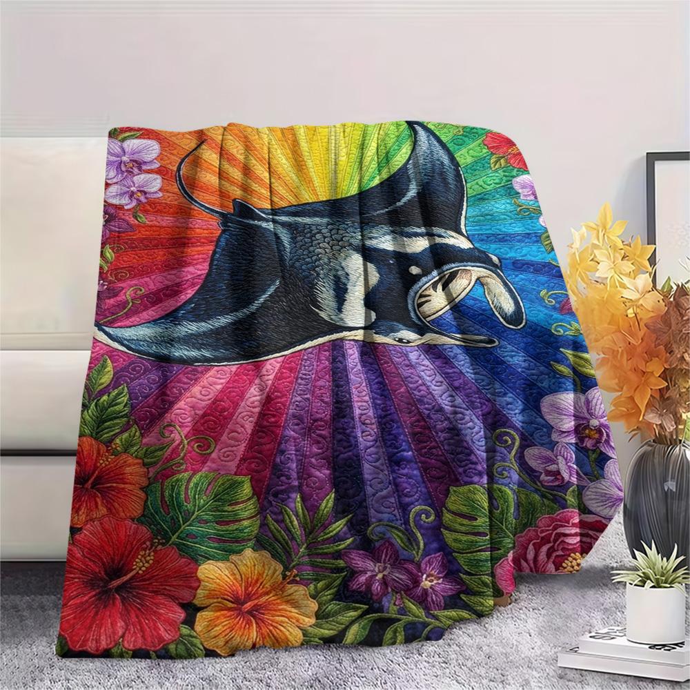 1PC Rainbow Wildlife Art Print FlAannel Blanket, High quality Comfortable for All Seasons, Home Decor, Warmth and Comfort