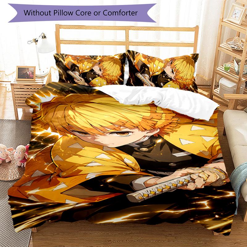 3pcs Nezuko Demon Slayer Agatsuma Zenitsu pattern bedding set duvet cover set includes duvet cover &pillowcases,perfect all season bedroom decoration&