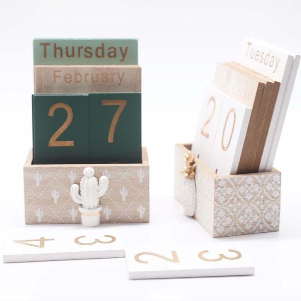 Aesthetic Wooden Perpetual Calendar Cactus Manual Desk Calendar Ornament Pineapple Home Decoration Date Display Ornament Office