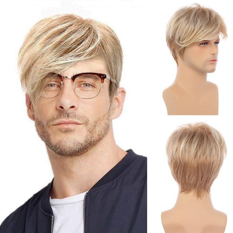 Mens Short Wig Mixed Blonde Synthetic Hair Crew Cut Daily Use