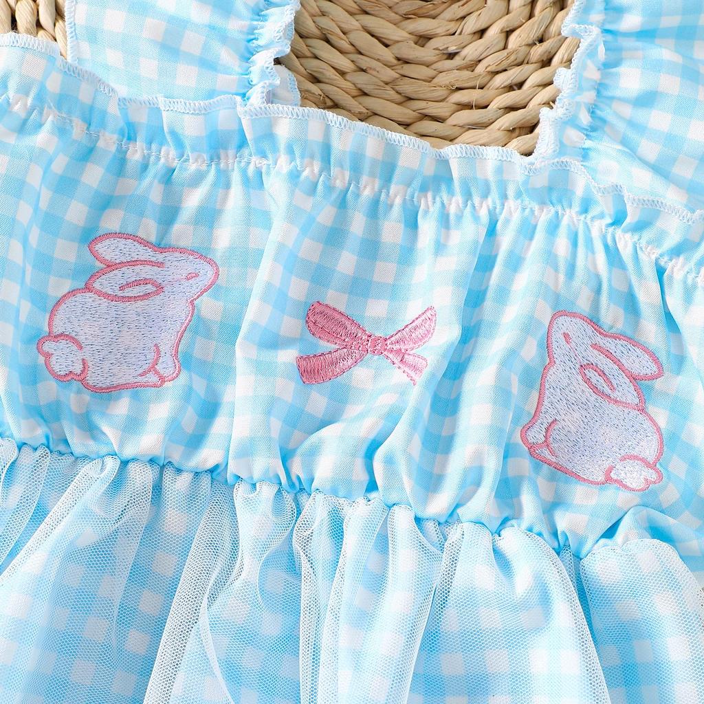 Летний сладкий набор в клетку с вышивкой кролика: Топ на бретельках и широкие брюки для девочек