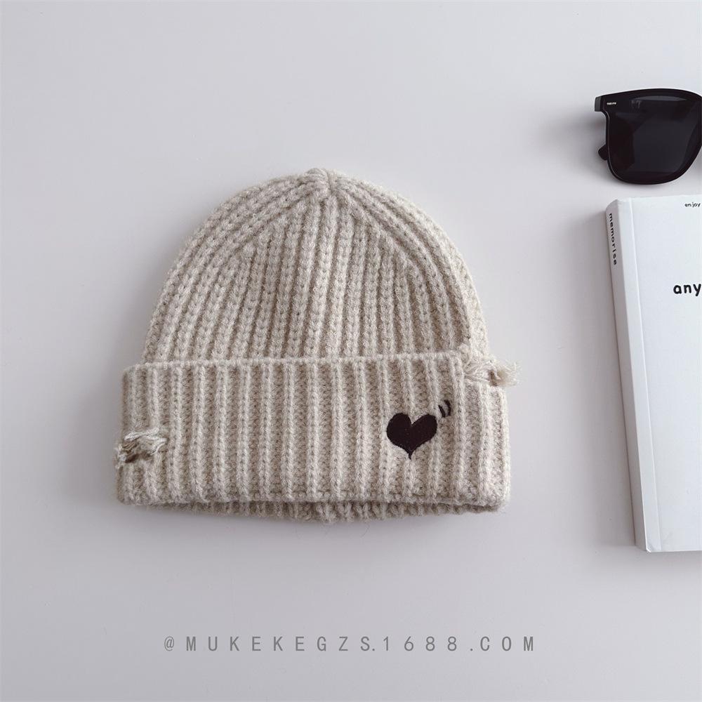 Children, Knitted Hats, Autumn and Winter, Holes, Heart-shaped Embroidery, Boys and Girls, Warm Hats, Woolen Hats