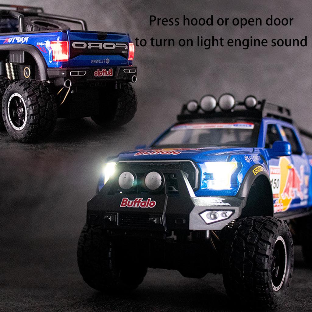Масштаб 1/28 Ford Raptor F150, литая под давлением модель автомобиля, игрушечный автомобиль с откатным механизмом, звуком и светом для детей, коллекция подарков для мальчиков и девочек