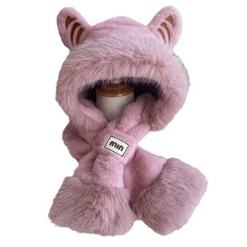 Hat Winter Fluffy Fire Fox Ears Warm Ski Scarf Gloves Integrated Hat Women's Thickened Three-piece Set