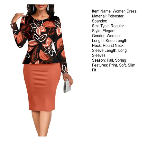 Женское платье-футляр с круглым вырезом, облегающее, из двух частей, с цветочным принтом, с длинным рукавом, длиной до колена, женское платье миди в повседневном стиле