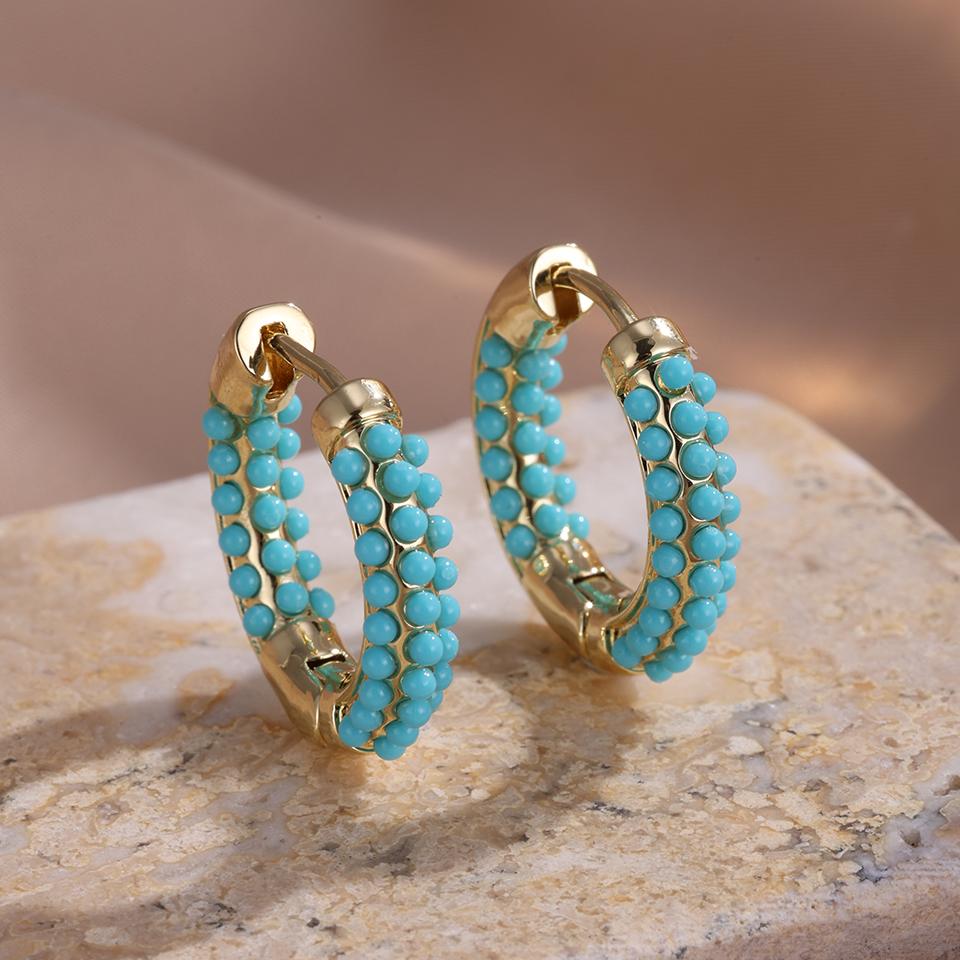 ZAKOL Gold Color-plated Turquoise Hoop Earrings for Women Girls Fashion Round Blue Beads Circle Earrings Huggies Zircon