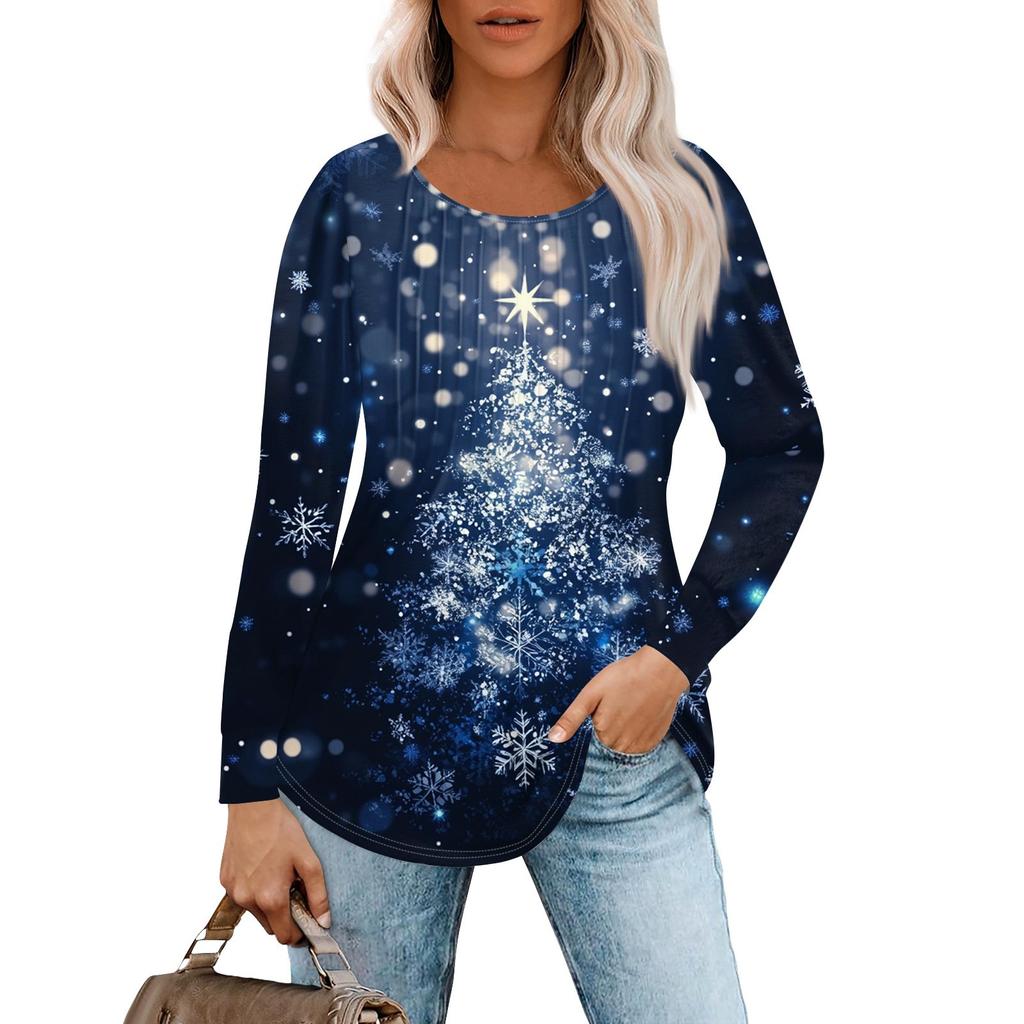 Женская повседневная футболка с круглым вырезом и длинными рукавами с рождественским принтом и складками