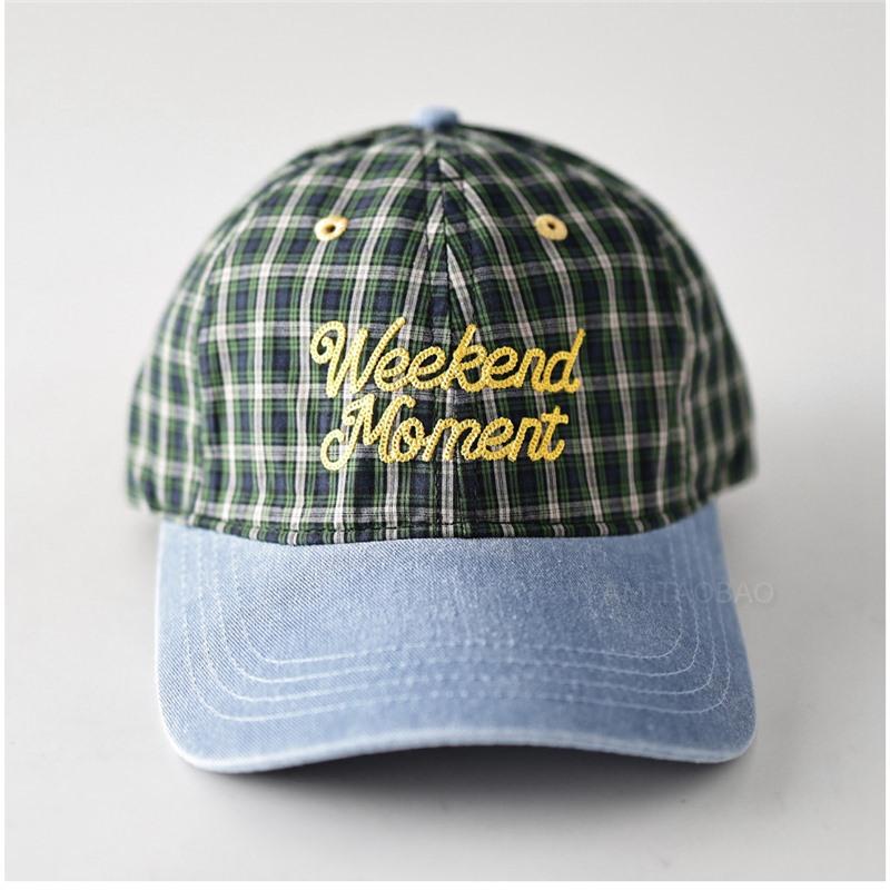 Клетчатая джинсовая пэчворк бейсболка с вышивкой 'Weekend Moment' для повседневной носки, винтажная, в клетку тартан, папина кепка, унисекс