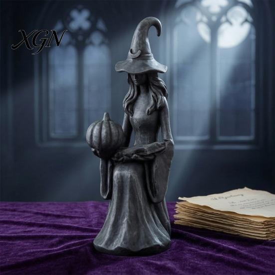 Tabletop Witch Decoration Halloween Statue, Gothic Figurine with Pumpkin And Book, Matte Black Fall Holiday Decorations Sculpture, Mantel Shelf