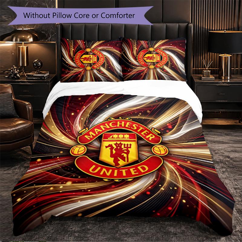 Manchester United Pattern 3 Pieces Bedding Set Soft Microfiber Duvet Cover with Pillow Cases for Bedroom