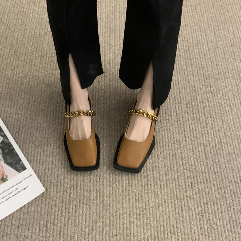 Ретро-лоферы с металлической цепочкой и квадратной головкой, женские, 2025, новые британские универсальные туфли Мэри Джейн, маленькие кожаные туфли для женщин