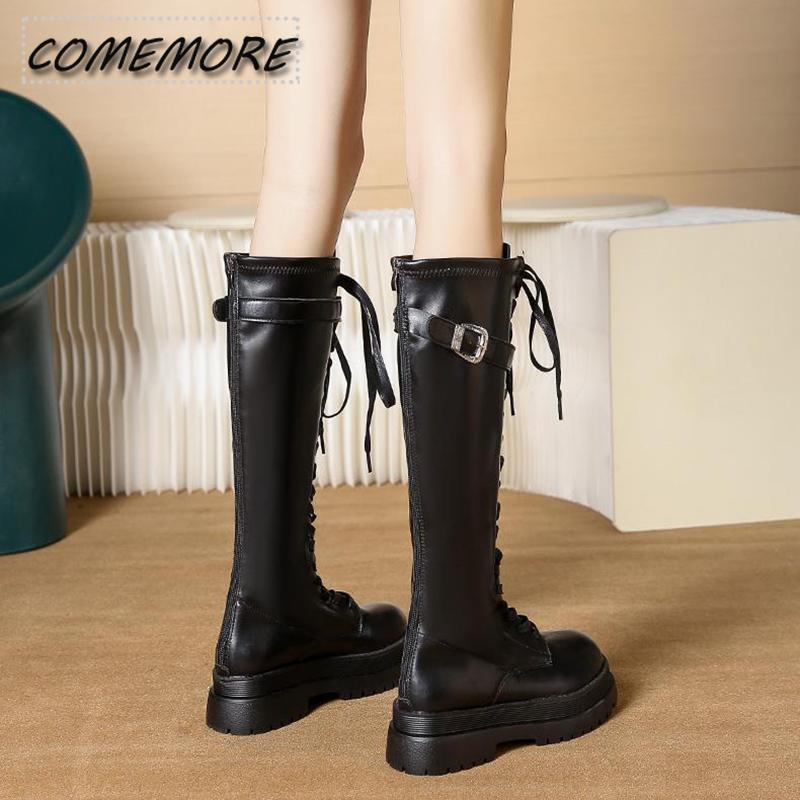 Lace Up Zipper Boots Platform Knee Length Boots Wear-resistant Non-slip Women Boot Winter Female British Wind Thick Bottom