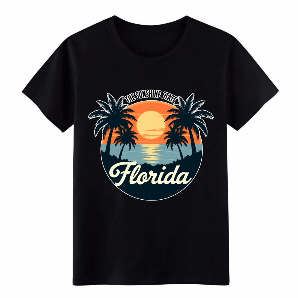 Retro Florida Sunset Palm Beach Casual Print T-Shirt Unisex Travel Souvenir Tee