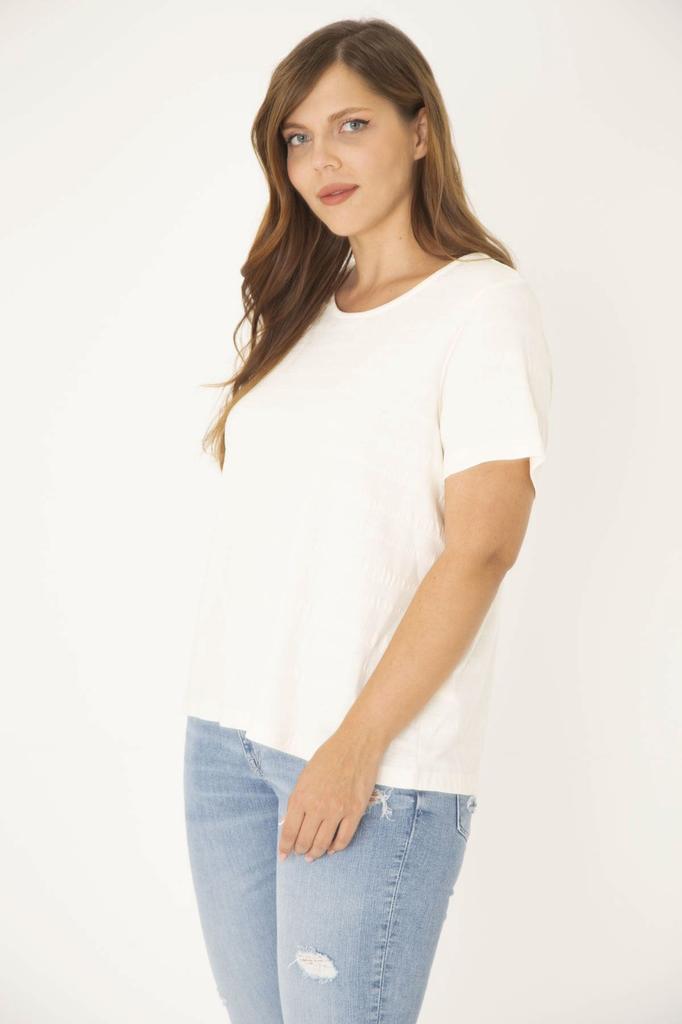 Женская блузка большого размера Желтая блузка больших размеров с круглым вырезом и узором