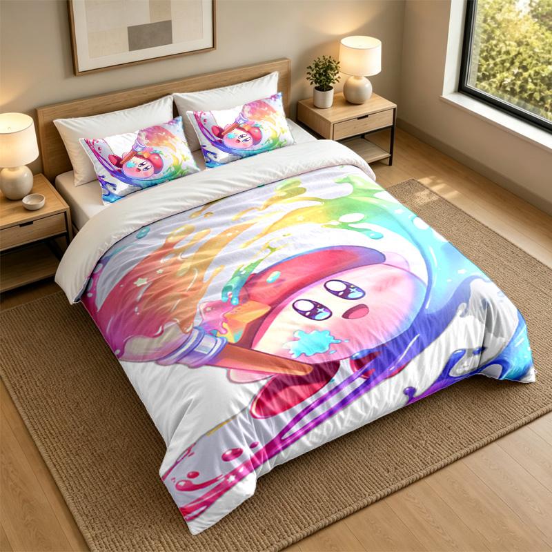 Soft Bedding Set Kirby Pattern, 1 Duvet Cover plus 2 Pillowcases Stylish Bedroom Home Textile