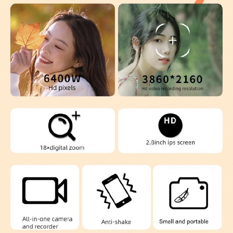 Double Screen Selfie Camera 4K 64MP 18X Zoom Portable Digital Camera Pink for Vloggings School Trip