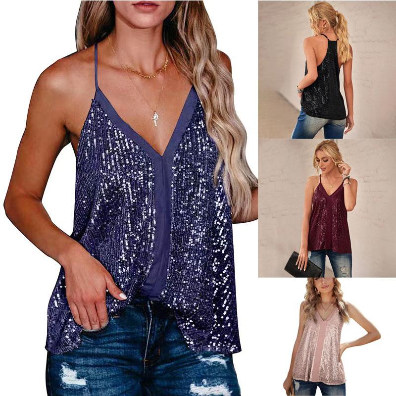 Women Glitter Sequin Tank Vest Tops Sleeveless Strappy Casual Tee T-Shirt Summer