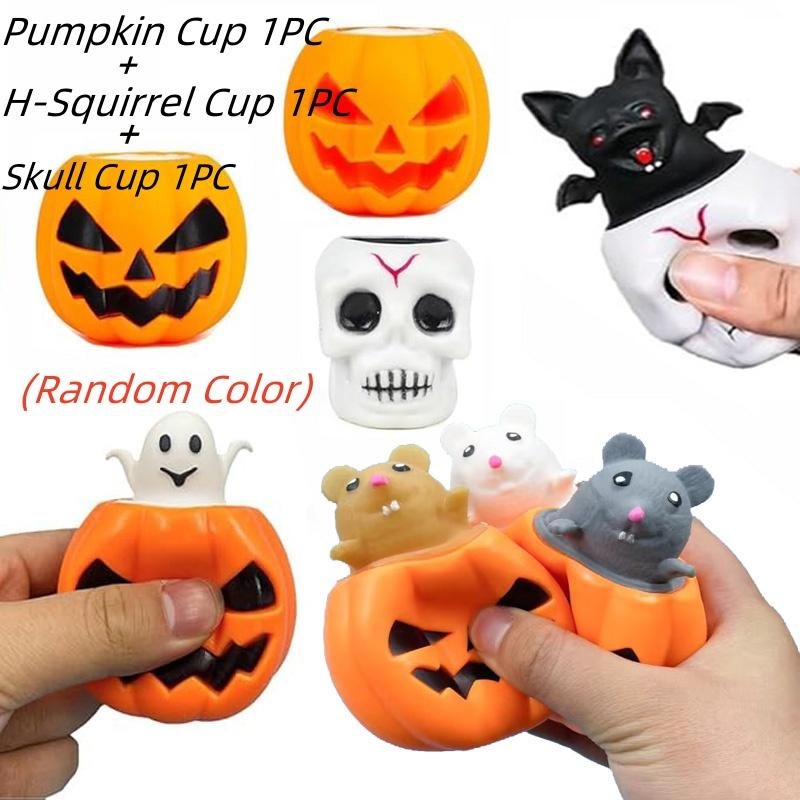Halloween Squeeze Toys Pumpkin Skeleton Squishy Toys for Kids Stress Relief Sensory Toys Ghost in Cup Fidget Toys Ball
