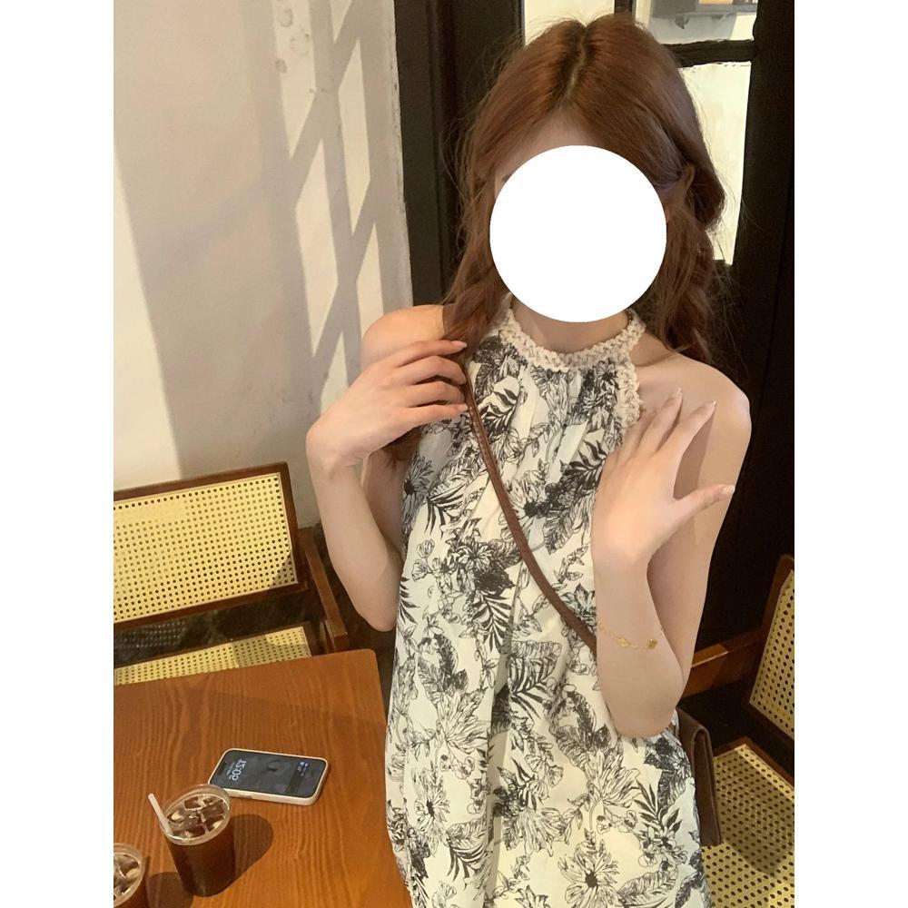 Нишевое платье с принтом, без рукавов, с вырезом под горло, женское универсальное летнее свободное темпераментное платье на бретелях