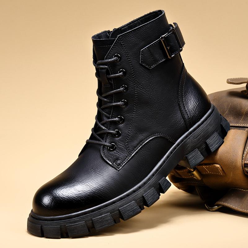 Genuine Leather Men Boots Fashion Casual High-top Boots British Style Short Boots for Men Plush Warm Winter Booties Botas Hombre