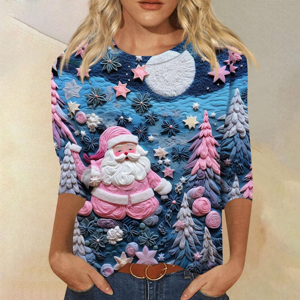 Women's Fashion Casual Round Neck 3/4 Sleeve Loose  Printed T-Shirt Ladies Top