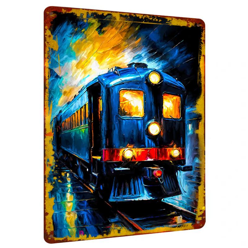 Vintage Locomotive Night Scene Oil Painting Style Custom Metal Tin Sign Home Wall Decor for Living Room Study Bar