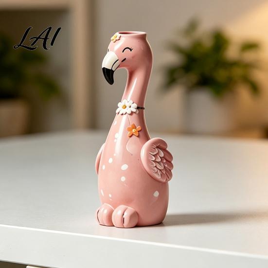 Pink Desk Ornament for Girls Cute Resin Flamingo Decorative Vase Flower Holder Figurine Statues Living Room Tabletop Dried Artificial Flowers,