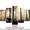 Five Piece Picture Canvas Print Deer In the Forest Fog Brown