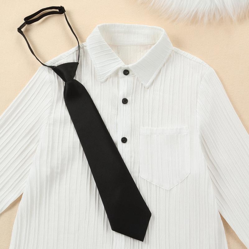 Студенческая форма, рубашка с галстуком, белая рубашка с длинными рукавами для мальчиков, блузка из гофрированной ткани для мальчиков с эластичным галстуком, верх