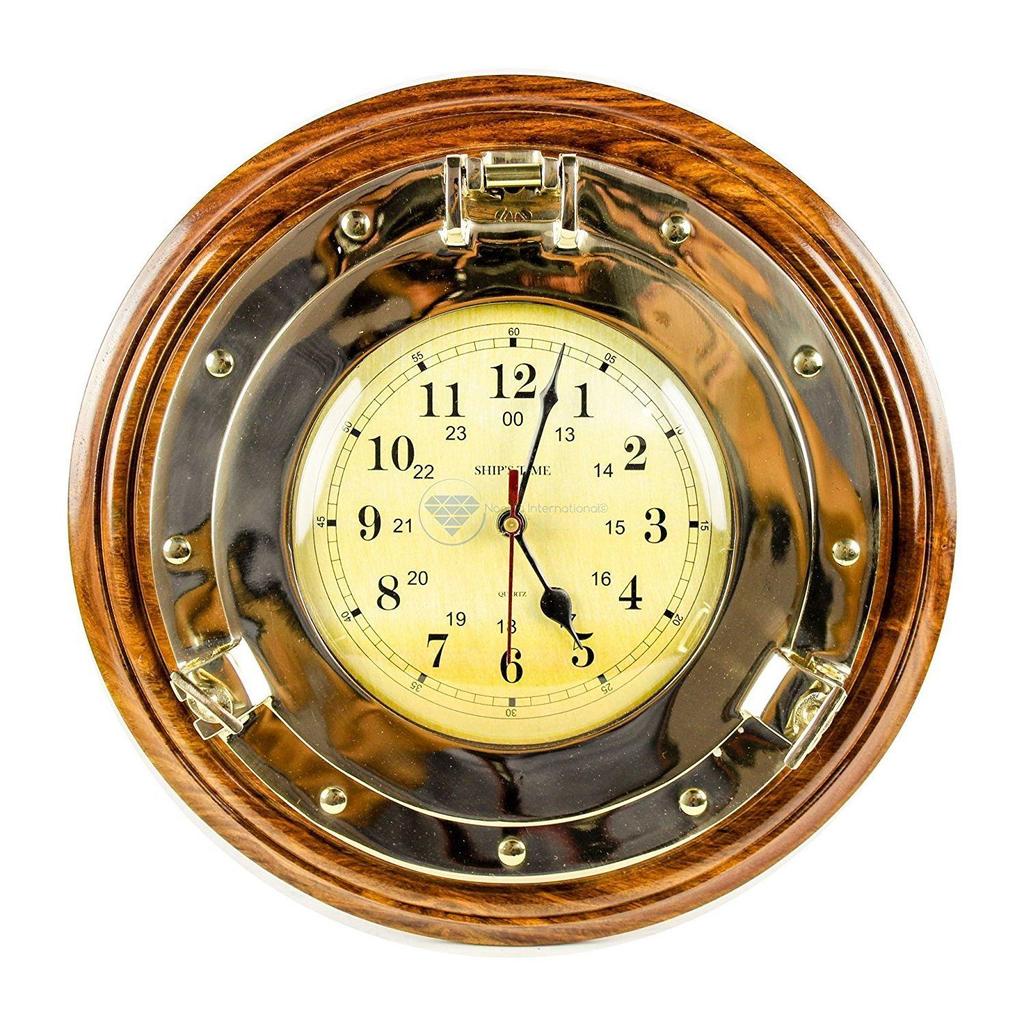 Настенные часы «Время» из цельной латуни в морском стиле на эксклюзивной подставке из отборного палисандра | Премьер Элитный Настенный Декор Подарки (14 дюймов)