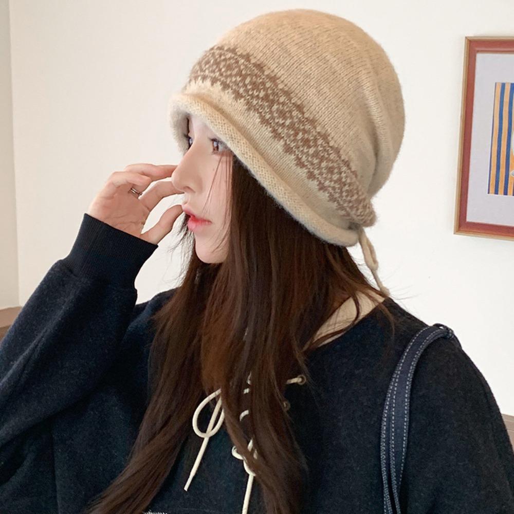 Vintage Women's Beanie Slouchy Fit Jacquard Knit Hat Durable Drawstring Knit Cap Daily Commute