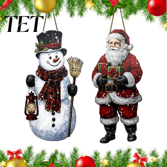Vintage Style Christmas Decoration Door Welcome Sign, Rustic Santa Claus Snowman Wooden Foldable Hanging Wood Sign Wreath, Farmhouse Decorative Hanger