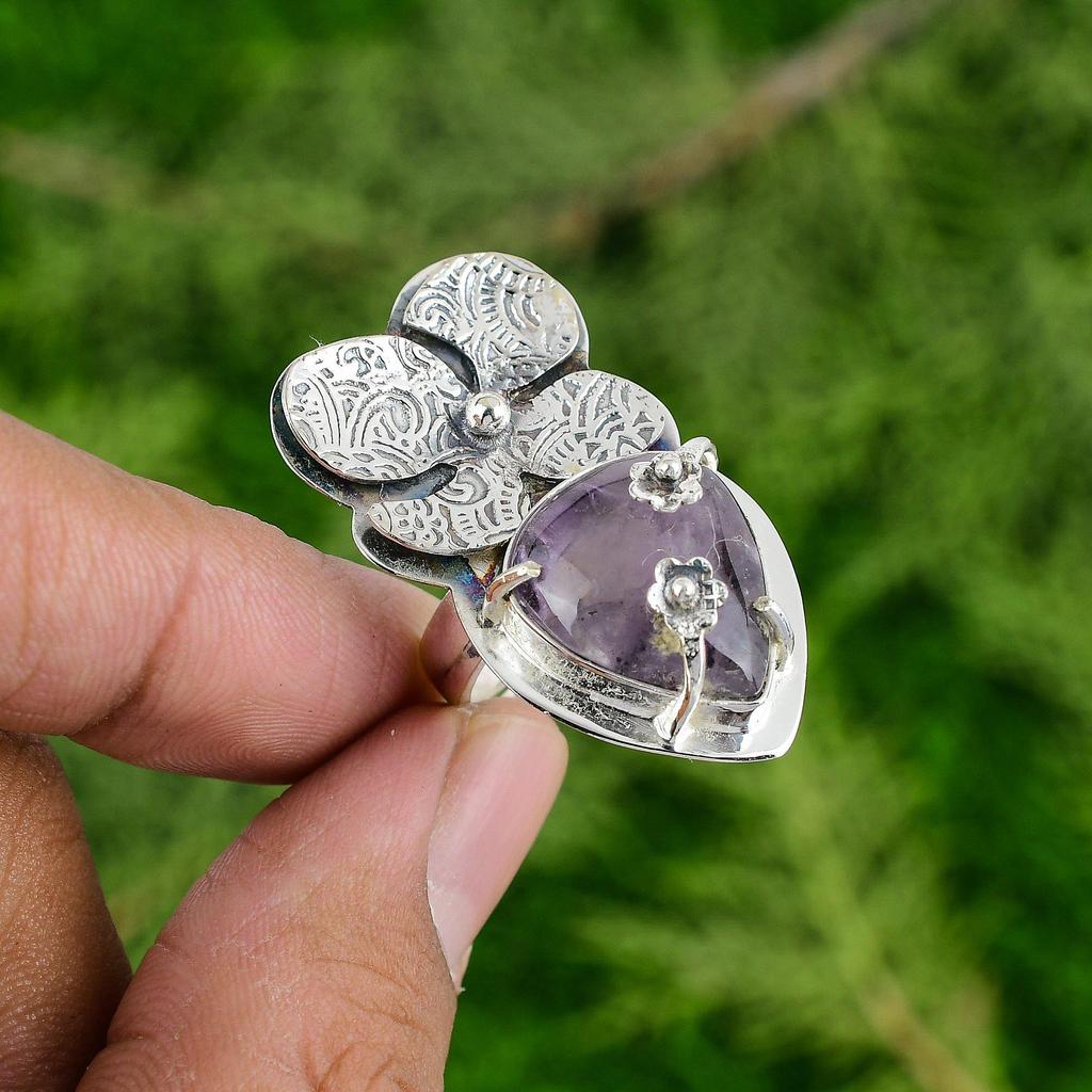 Natural African Amethyst 925 Silver Solitaire Flower Adjustable Ring For Girls