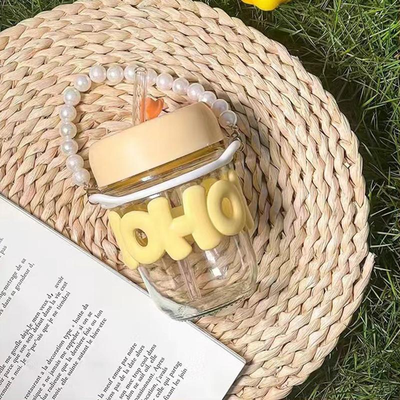 Питьевая чашка Прозрачное стекло Высокая ценность Защита от ожогов Милая чашка с соломинкой Жемчужный браслет Буква Водяная чашка